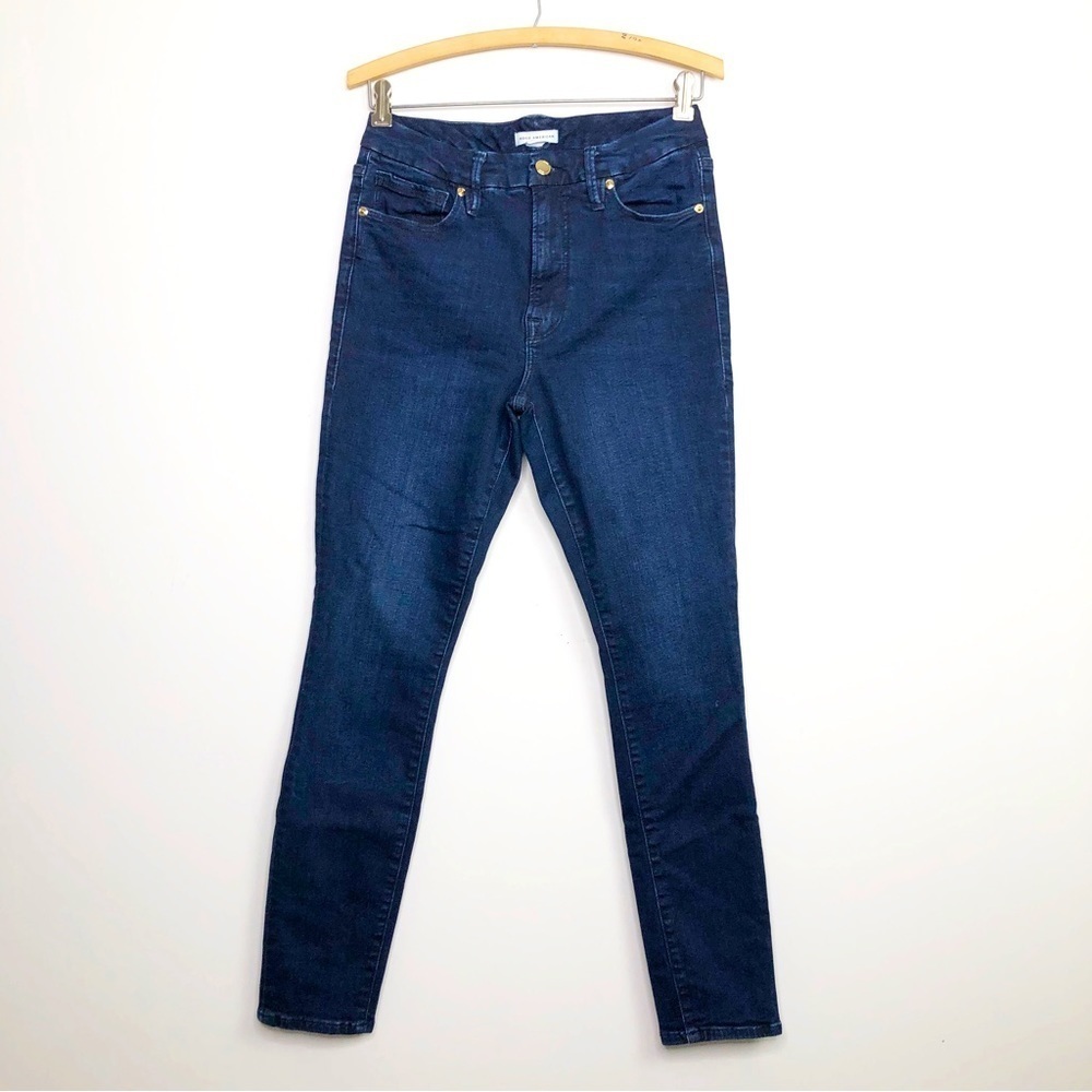 Good American, high-rise skinny, dark wash jeans